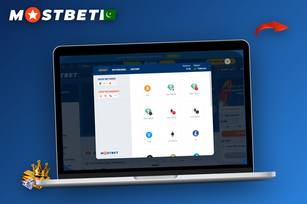 Mostbet cashier interface mockup with PKR 200 amount field and promo code slot on laptop